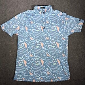 Bad Birdie Mens 2XL Golf Polo Shirt Blue Abstract Geometric Print Short Sleeve